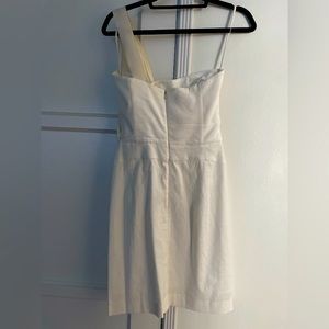 EMPORIO ARMANI White mixed media evening dress, one shoulder, fitted, midi